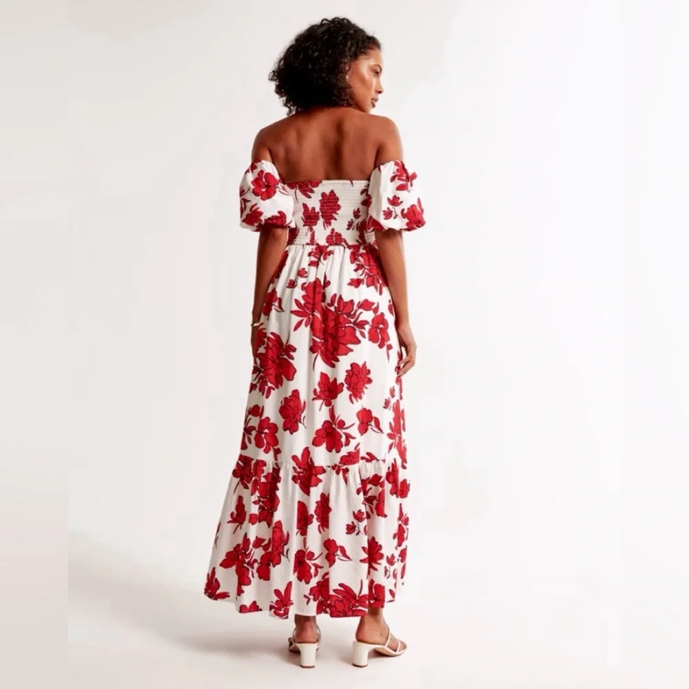 Abercrombie & Fitch Emerson Red and White Floral Off-the-Shoulder Maxi Dress - Picture 2 of 7